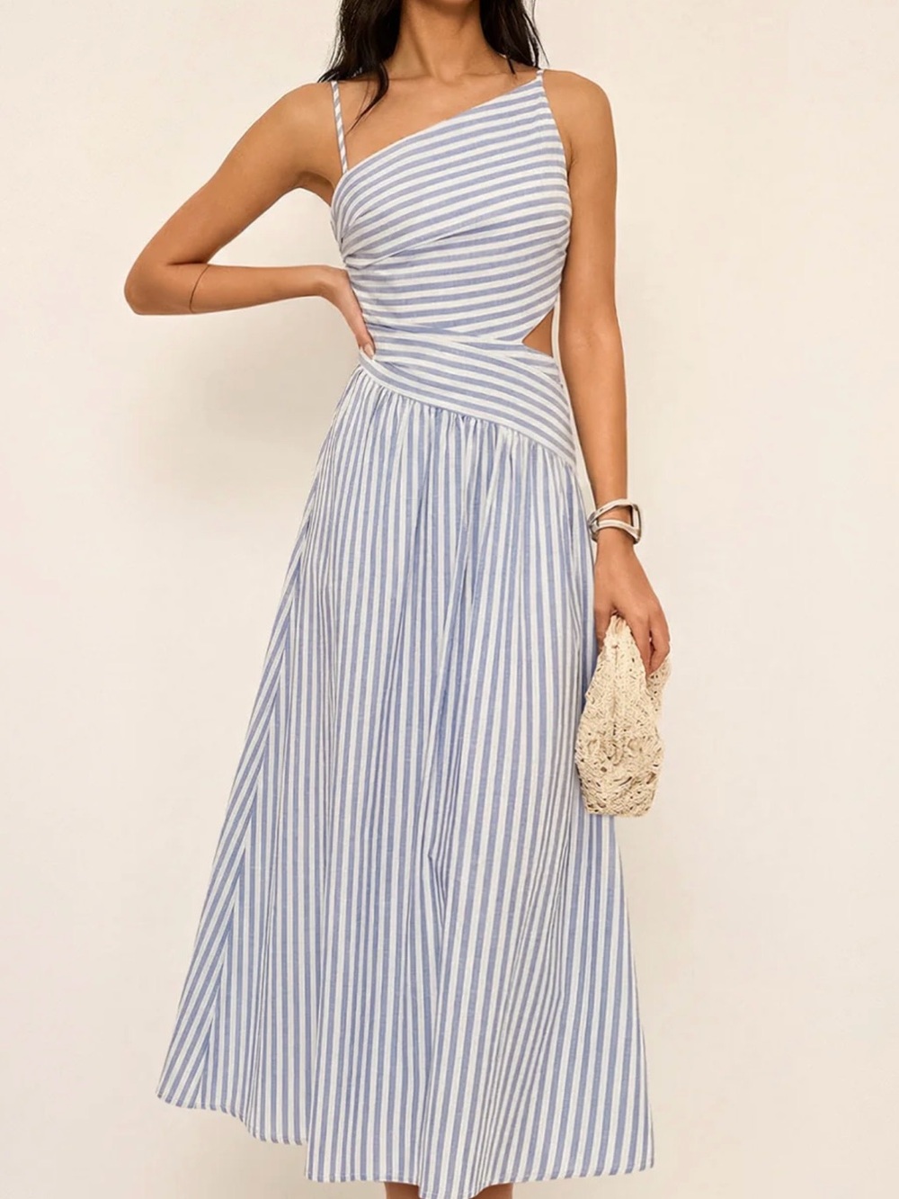 Commense Striped Blue and White Cut-Out Asymmetric Cami Maxi Dress Large